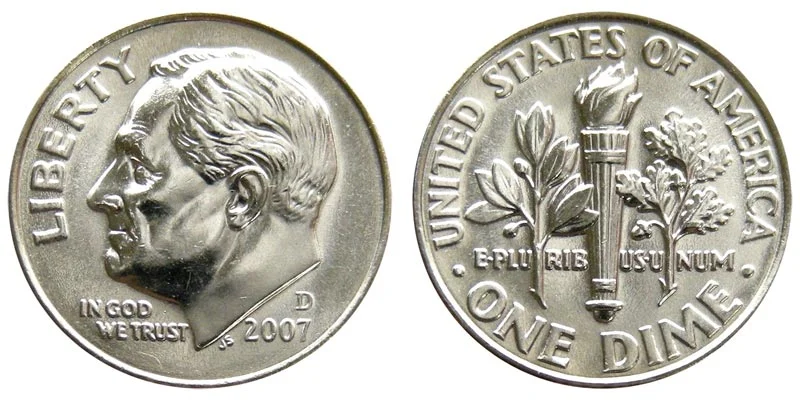 2007 Roosevelt dime obverse and reverse showing both sides of the coin