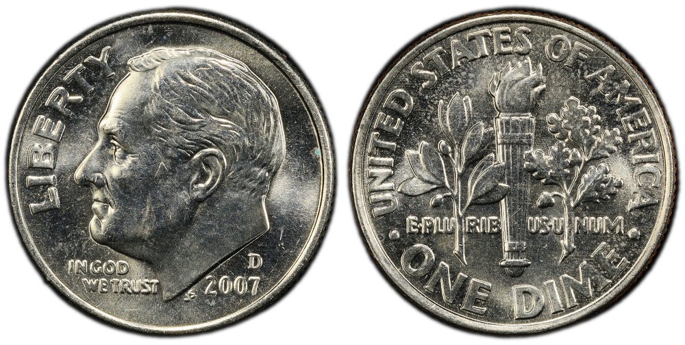 Side-by-side comparison of 2007 Roosevelt dime reverse without Full Bands versus with Full Bands designation showing horizontal torch bands