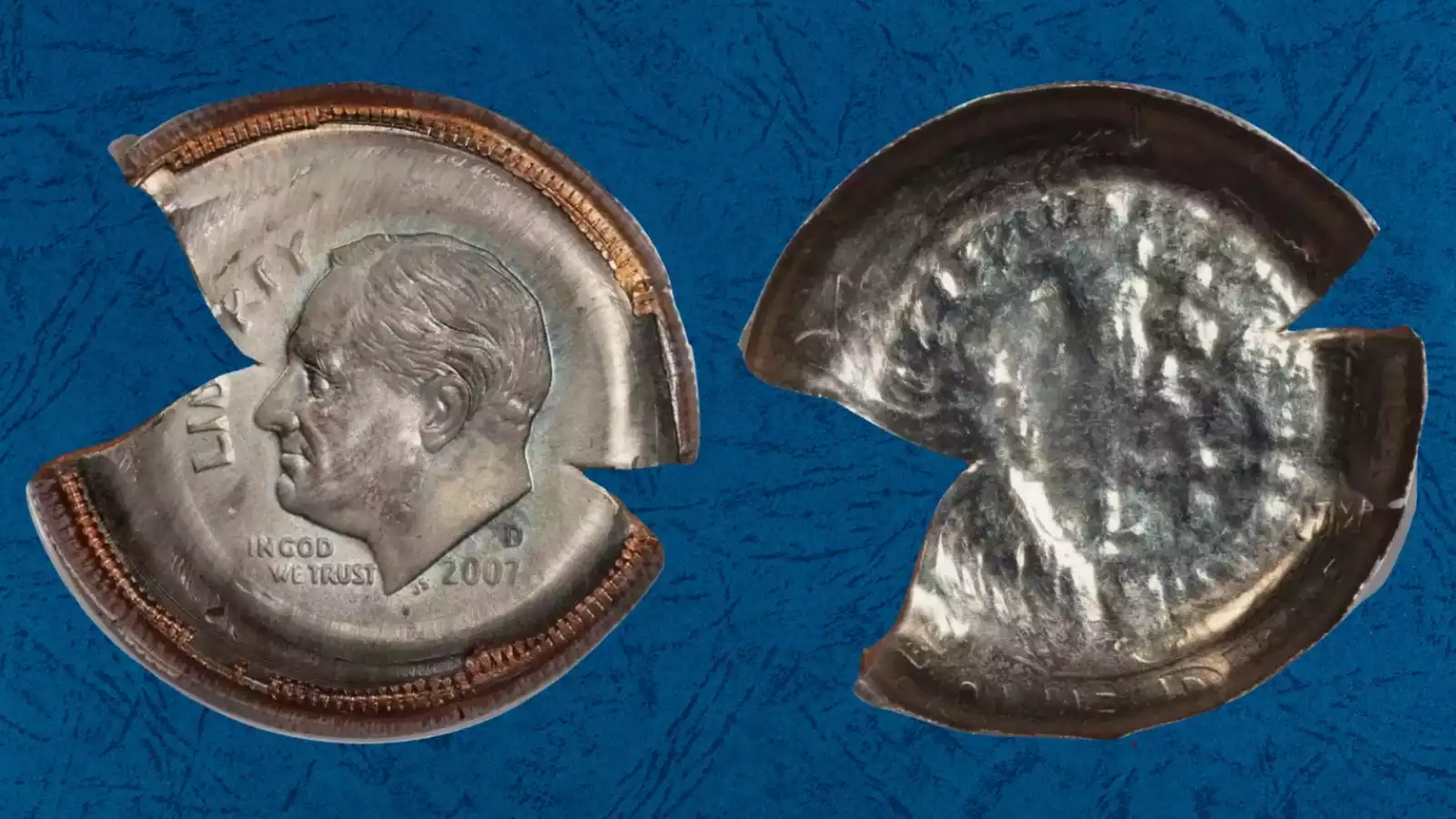 2007 Roosevelt dime die cap brockage error showing incuse mirror-image impression of the reverse design