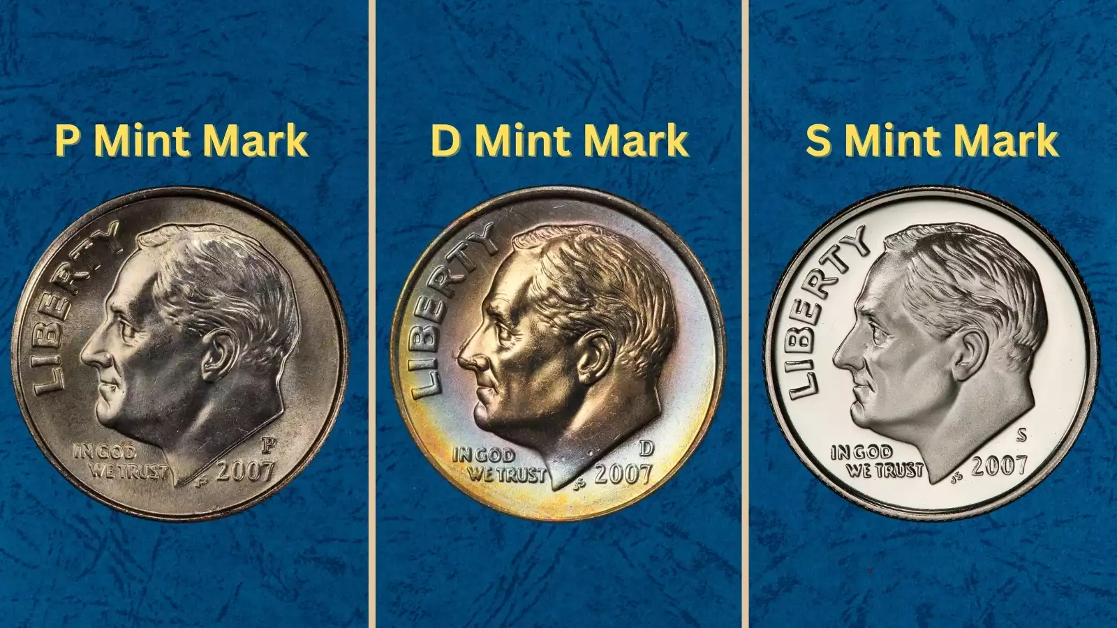 Group of 2007 Roosevelt dimes from different mint facilities showing various conditions and types