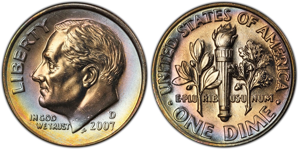 2007 Roosevelt dime grading strip showing four condition tiers from worn to gem uncirculated
